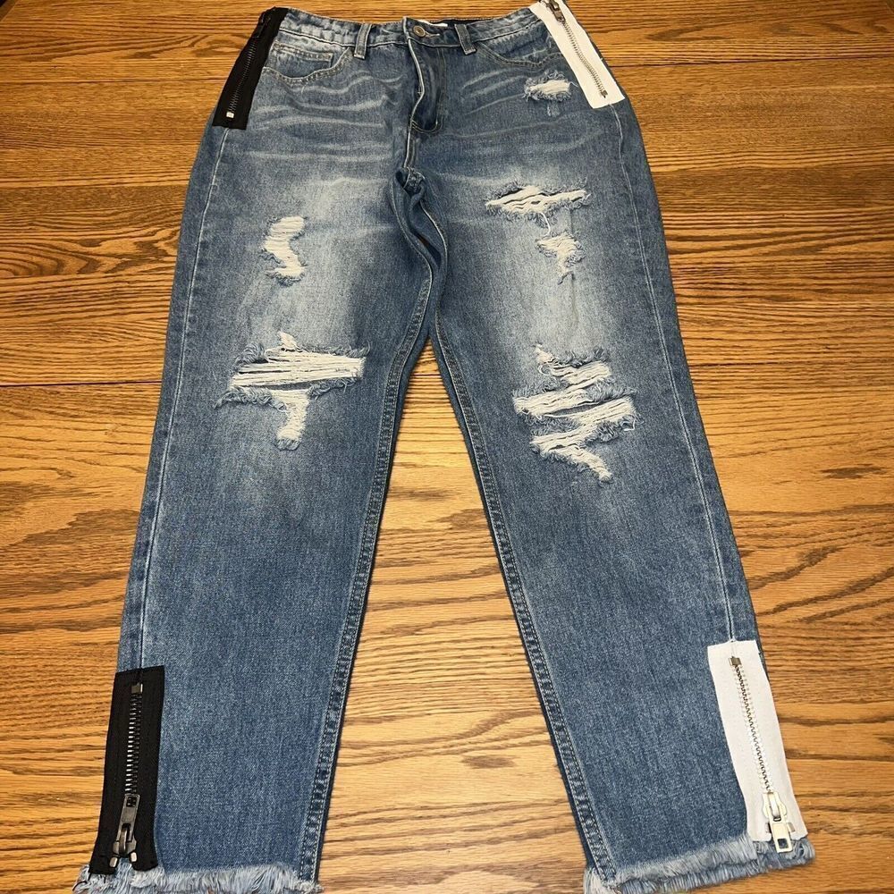 Kancan Zipper Distressed Jeans Size 9 Raw Hem